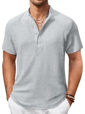 Men's Grey Casual Henley Shirt Short Sleeve Linen Beach Summer Tops